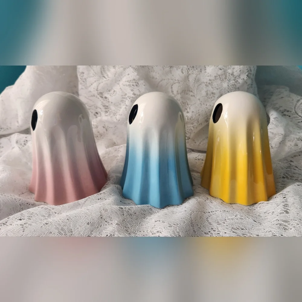 NWT Set of 3 Adorable Ceramic Ghost Spooky Figurines In Pink, Blue, and Yellow